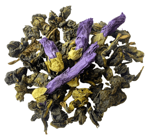 Blue Spring Oolong Tea from Porter Hill Tea Company, showcasing fresh, rolled green tea leaves in a transparent container.
