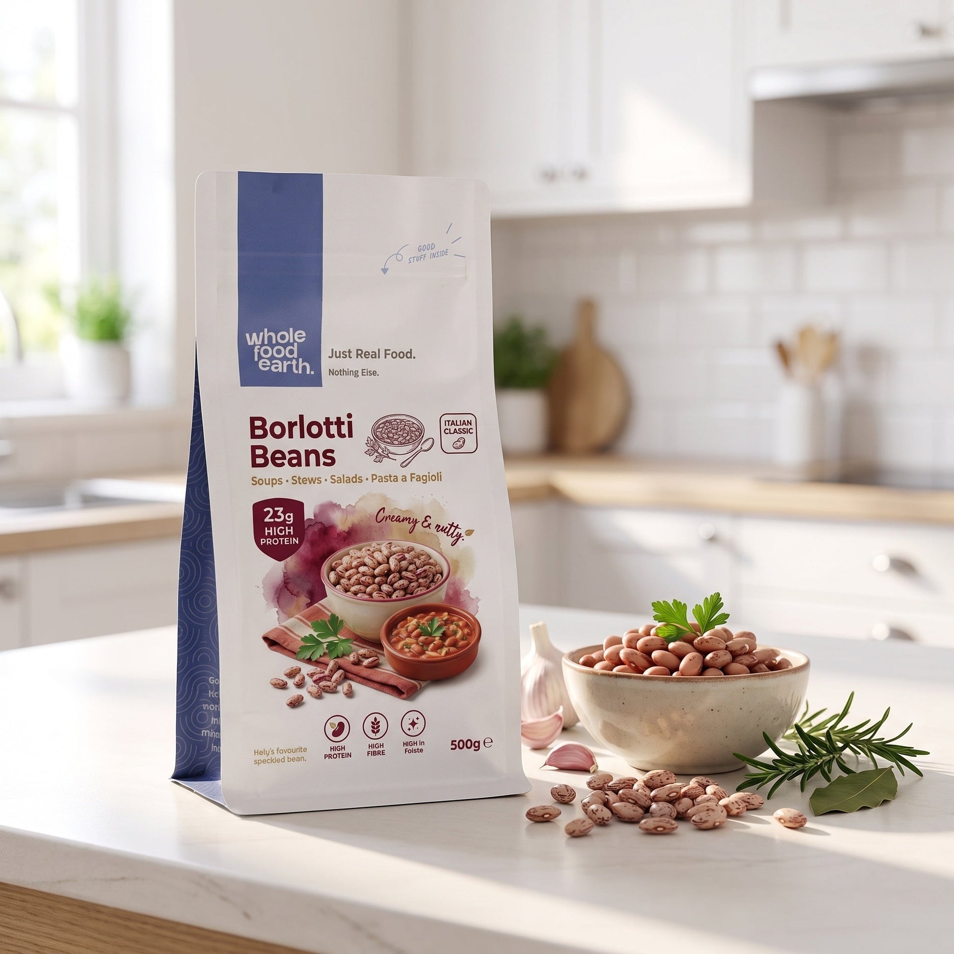Borlotti beans from Whole Food Earth in a bowl, showcasing their reddish-brown speckled appearance, fresh and ready to cook