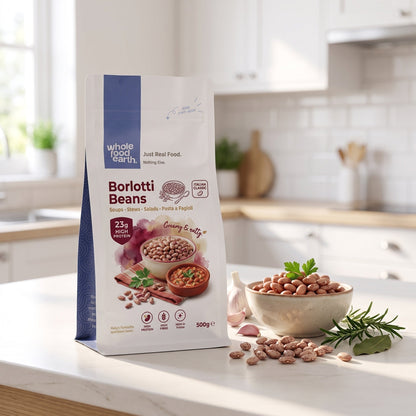 Borlotti beans from Whole Food Earth in a bowl, showcasing their reddish-brown speckled appearance, fresh and ready to cook