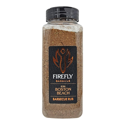 FireFly Barbecue Boston Beach Jerk Rub in 1L bottle, a flavorful BBQ rub with spices and herbs for grilling and seasoning