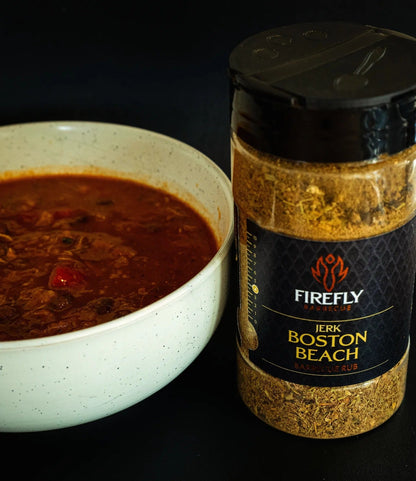 FireFly Barbecue Boston Beach Jerk Rub in a jar, spicy and flavorful BBQ rub for grilling and seasoning meats.