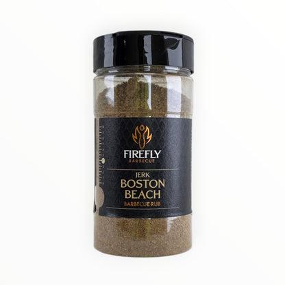 FireFly Barbecue Boston Beach Jerk Rub in a jar, featuring a spicy Caribbean-inspired BBQ seasoning for grilling and smoking.