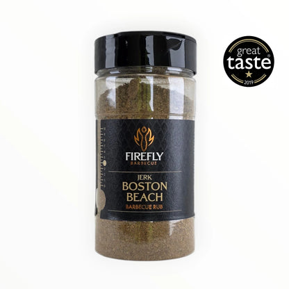 FireFly Barbecue Boston Beach Jerk Rub BBQ spice blend in a jar, with award label visible.