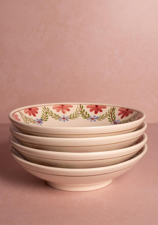 Set of four Casa by Josephine Jenno Camilla pasta bowls in green Garland pattern, round ceramic bowls with decorative design.