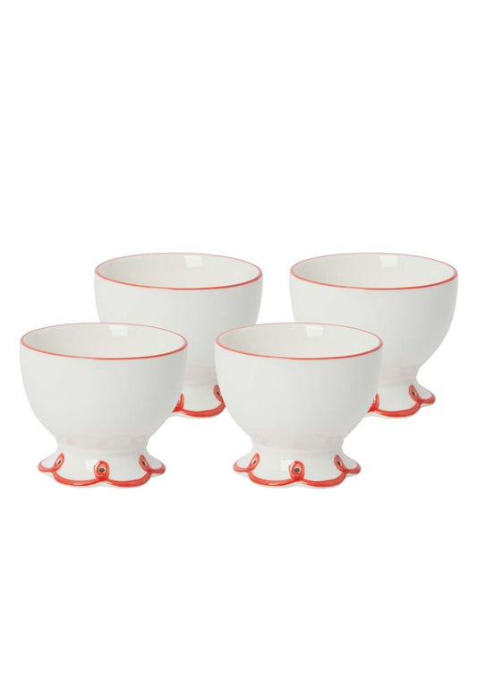 Set of four Casa by Josephine Jenno rosy red scalloped bowls, ideal for snacks or small servings, with decorative scalloped edges.
