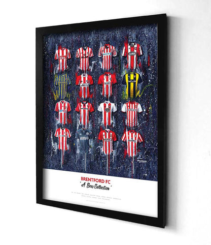 Limited edition signed print of Brentford FC shirts by Terry Kneeshaw Art, showcasing detailed football memorabilia artwork.