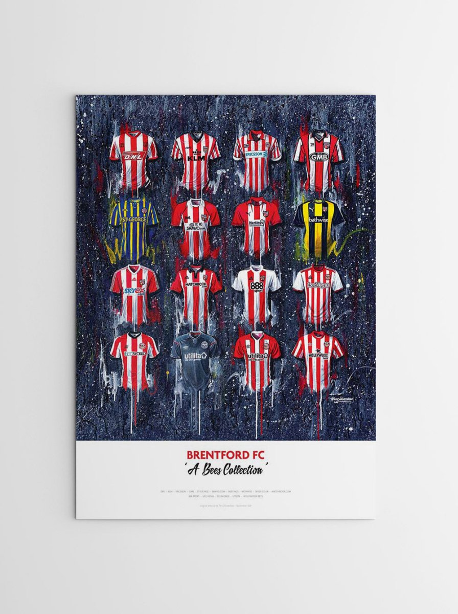 Limited edition signed print of Brentford FC shirts by Terry Kneeshaw Art, showcasing detailed artwork of the collectible football memorabilia.