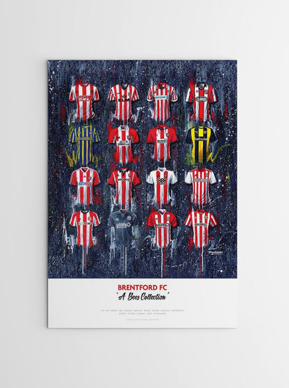 Limited edition signed print of Brentford FC shirts by Terry Kneeshaw Art, showcasing detailed artwork of the collectible football memorabilia.