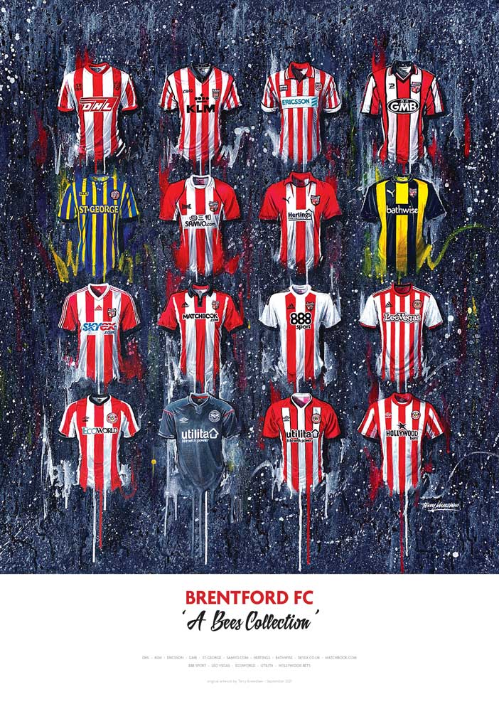 Limited edition signed print of Brentford FC shirts by Terry Kneeshaw Art, showcasing detailed artwork of the A2-sized piece.