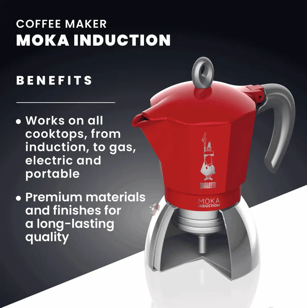 Bialetti Moka Induction stovetop coffee maker by Brew Italia with polished stainless steel body and black handle.
