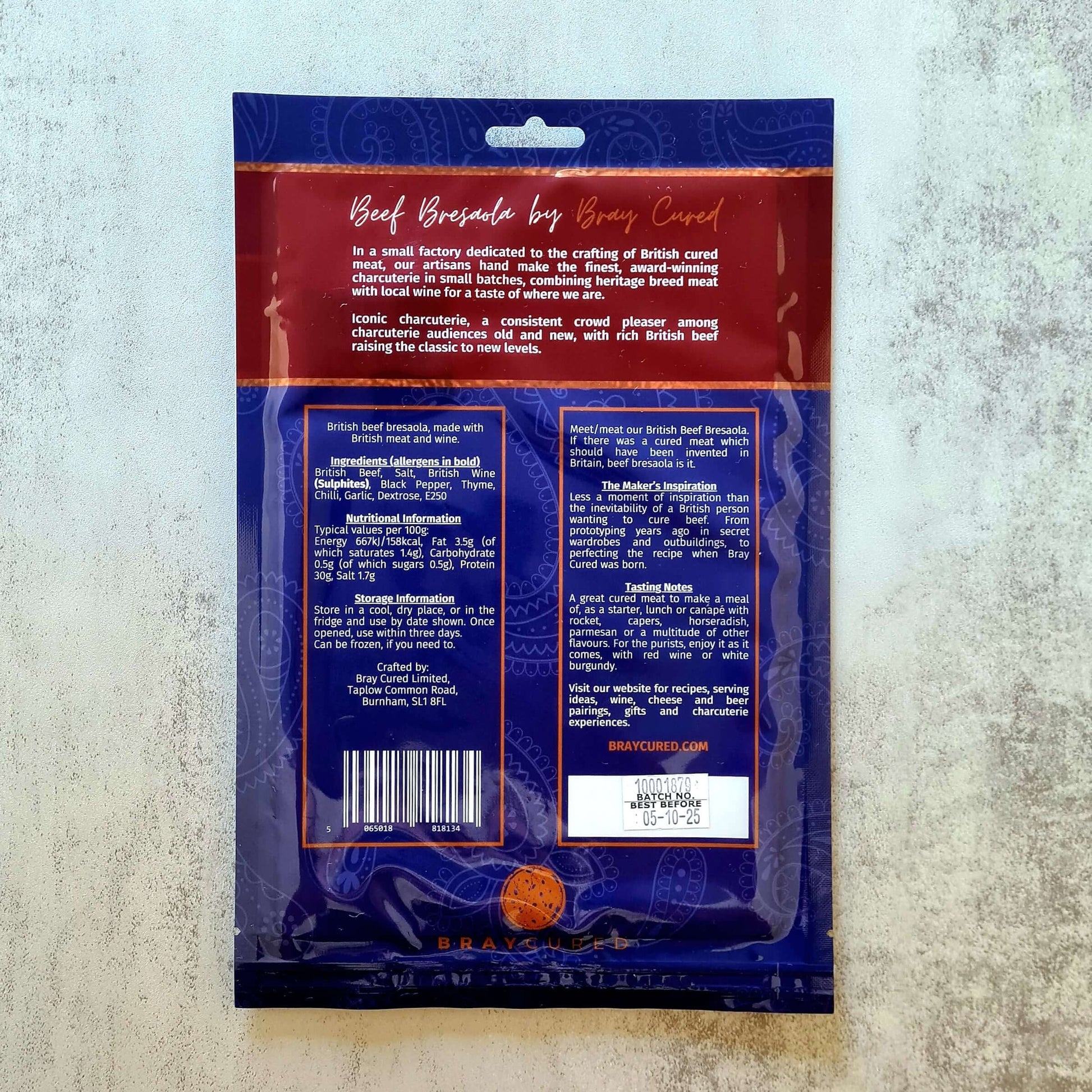 Back view of Bray Cured British beef bresaola pack, showcasing thinly sliced cured beef for charcuterie tasting hamper.