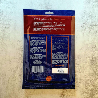 Back view of Bray Cured British Pepperoni charcuterie pack, showing slices of seasoned beef pepperoni in a resealable package.