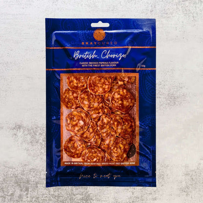 Front view of Bray Cured Spicy Feasting Five British chorizo selection in a package with sliced and whole chorizo pieces.