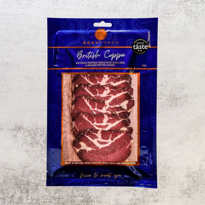 Thin slices of Bray Cured Air-Dried Coppa, a premium British charcuterie meat with marbled texture and rich flavor.