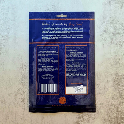 British-style Guanciale from Bray Cured, thinly sliced charcuterie with marbled pork cheek ready for cooking or serving.