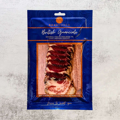 Bray Cured British Guanciale charcuterie pack with slices of cured pork cheek on a white surface.