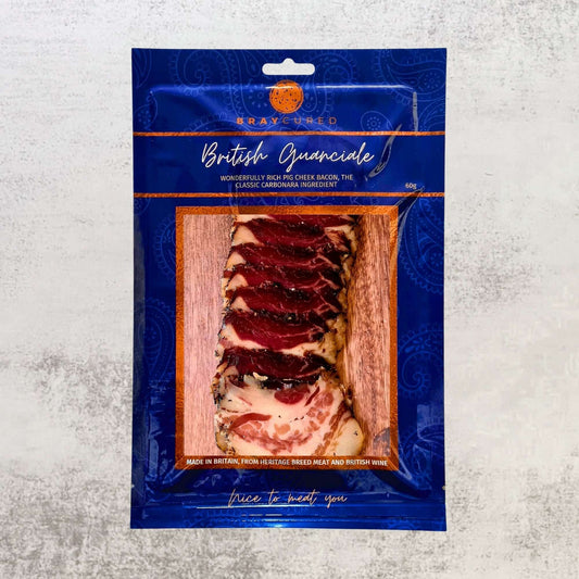 Bray Cured British Guanciale charcuterie pack with slices of cured pork cheek on a white surface.