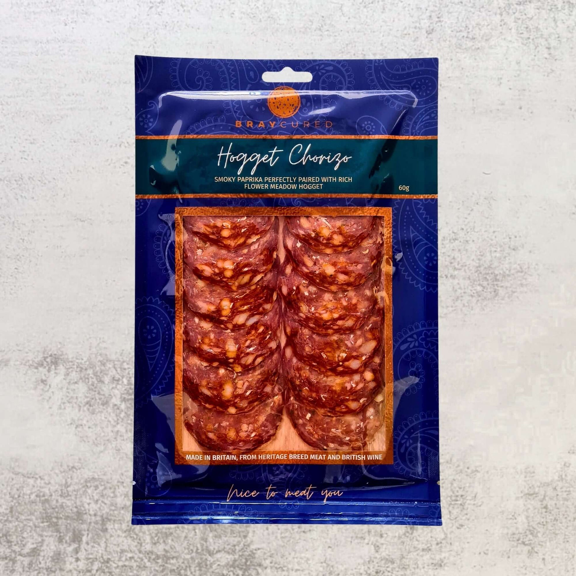 Bray Cured Spicy Feasting Five charcuterie selection featuring British hogget chorizo in a front package view.