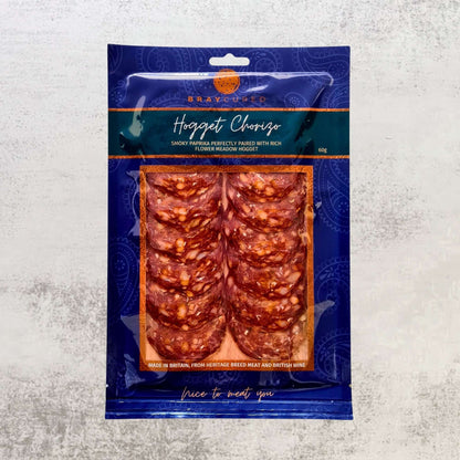 Bray Cured Spicy Feasting Five charcuterie selection featuring British hogget chorizo in a front package view.