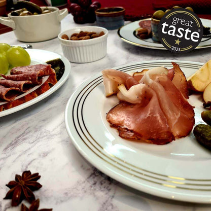 Thinly sliced British Bray Cured Classic Lomo charcuterie pork loin on a plate, showcasing its rich, cured meat texture.