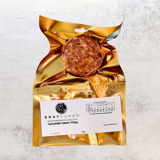 British 'Nduja from Bray Cured, packaged charcuterie spread with spicy, spreadable pork sausage in a clear plastic tray.