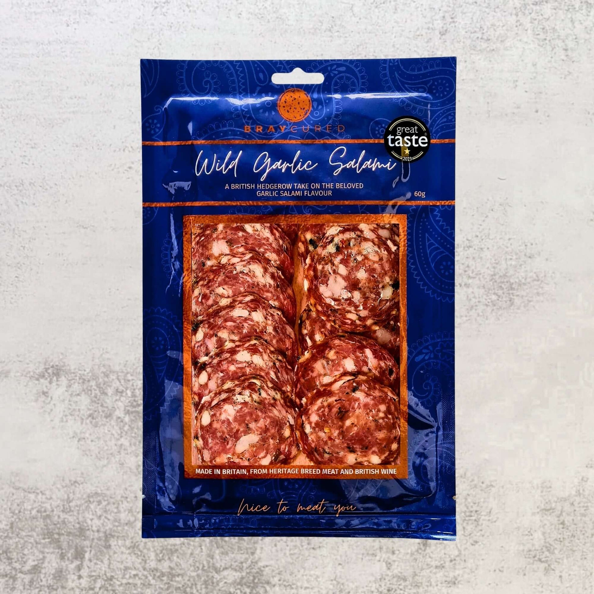 Bray Cured British Wild Garlic Salami Pack, classic charcuterie selection with slices of flavorful wild garlic-infused salami on the front.