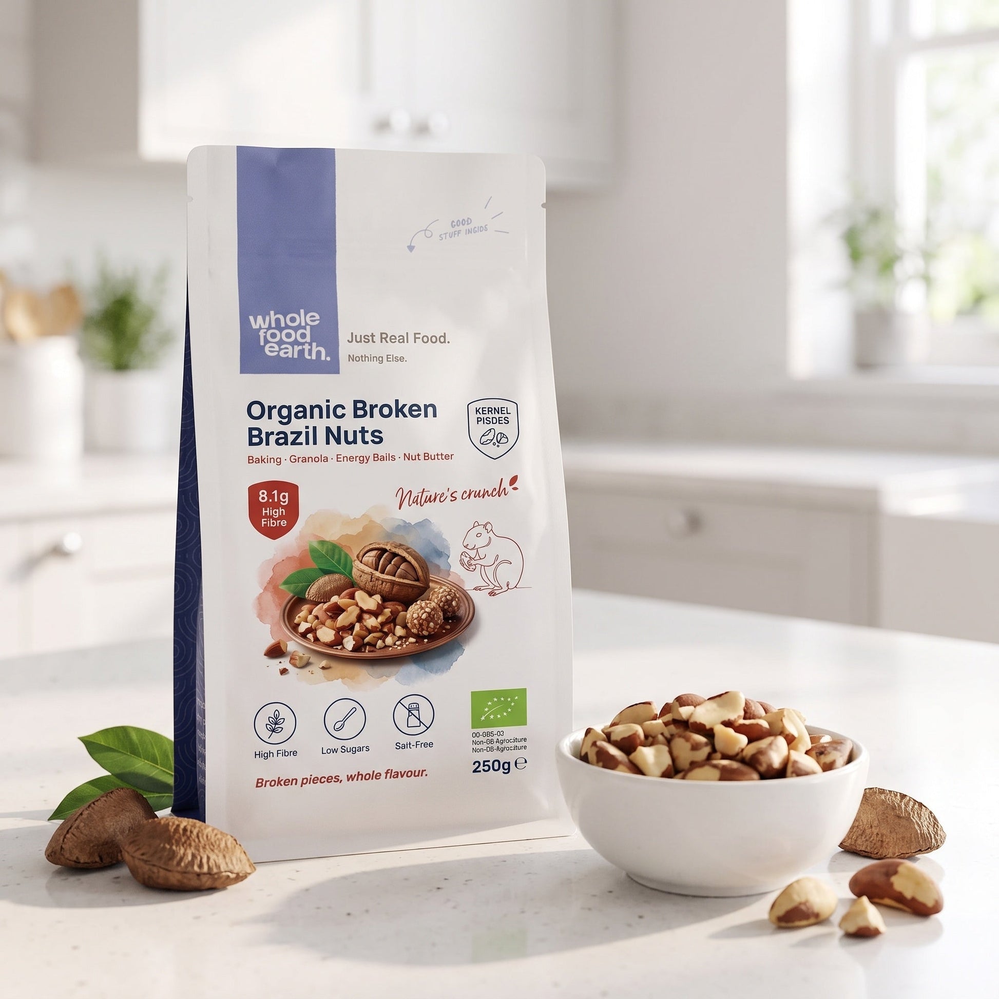 Broken Brazil nuts from Whole Food Earth, organic nuts and seeds, showing the textured, split nut pieces on a neutral background.