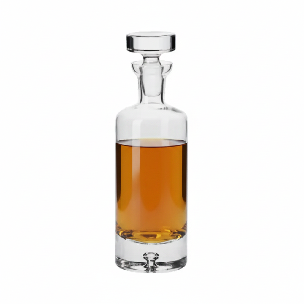 Krosno handmade bubble base decanter filled halfway with whisky, 0.75L, elegant glassware for wine or spirits.
