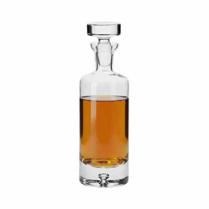 Krosno handmade bubble base decanter filled halfway with whisky, 0.75L, elegant glassware for wine or spirits.
