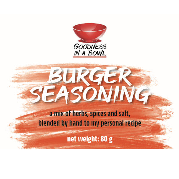 Close-up of GOODNESS IN A BOWL burger seasoning rub in a jar, showcasing its rich, flavorful spice blend for burgers.