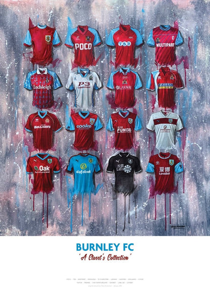 Limited edition A2 signed print of Burnley FC shirts by Terry Kneeshaw Art, featuring detailed artwork of historic club jerseys.
