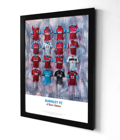 Limited edition A2 signed print of Burnley FC shirts by Terry Kneeshaw Art, showcasing detailed football memorabilia artwork.