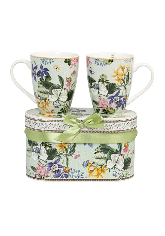 Set of two Butterfly Garden ceramic mugs by Casa Josephine Jenno in a gift box, featuring colorful butterfly and floral designs.