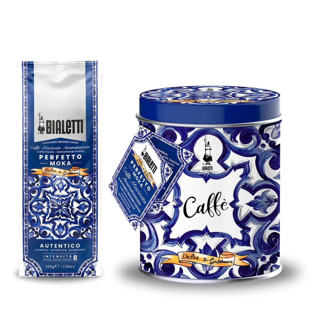 Bialetti Brew Italia Blu Mediterraneo Coffee ground 250g with Dolce&Gabbana branding, featuring packaging with Mediterranean-inspired design.