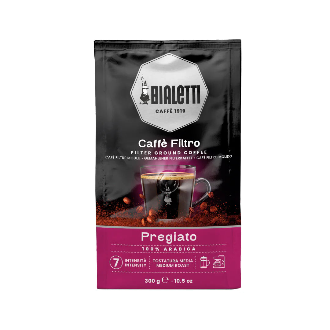Bialetti Classico Cafetiere Coffee ground in 300g bag by Brew Italia, showing a bag of freshly ground coffee for brewing.