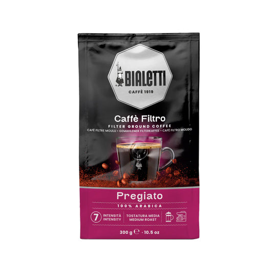 Bialetti Classico Cafetiere Coffee ground in 300g bag by Brew Italia, showing a bag of freshly ground coffee for brewing.