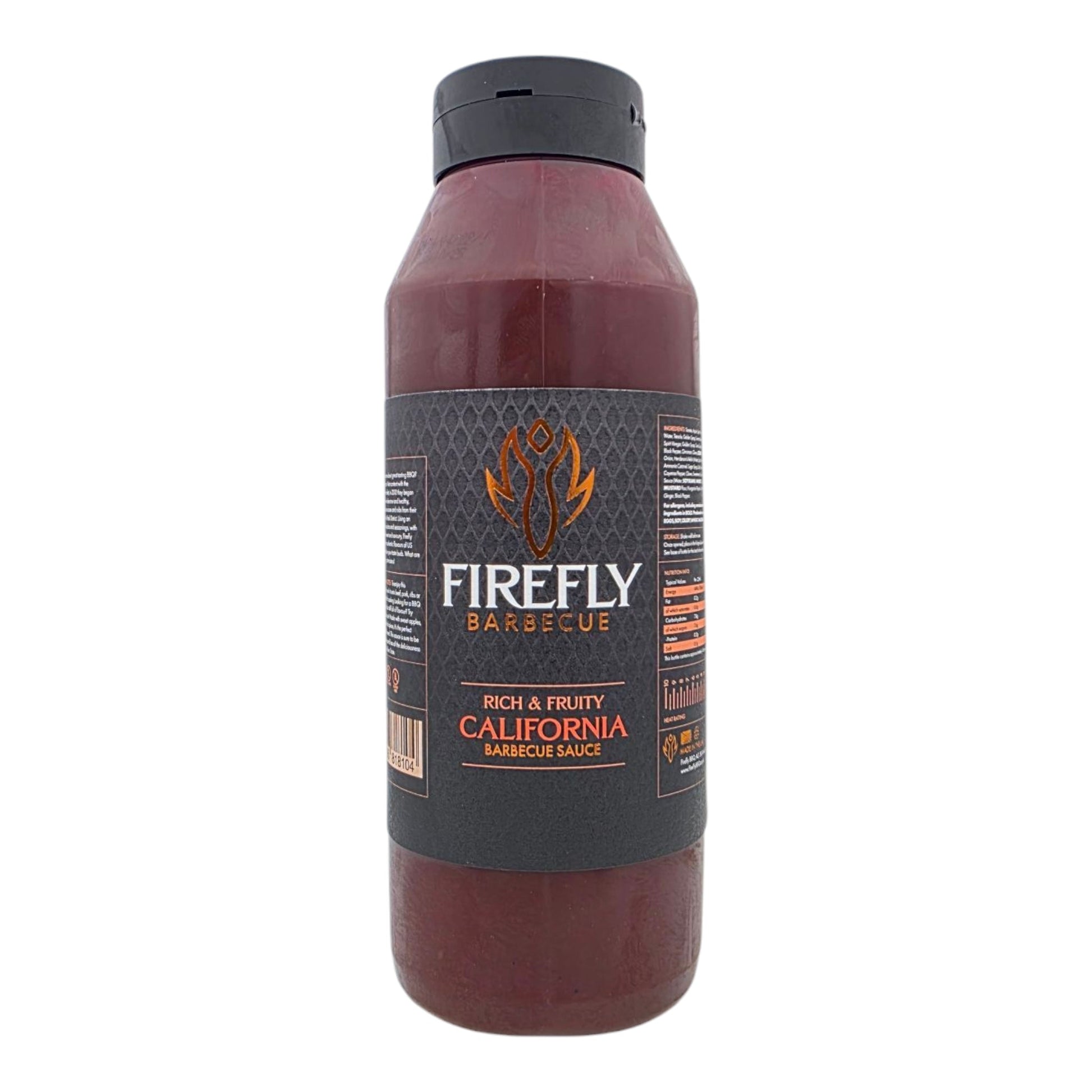 California Apple BBQ Sauce by FireFly Barbecue in a 1-liter bottle, showcasing rich, glossy sauce with apple and smoky flavors.