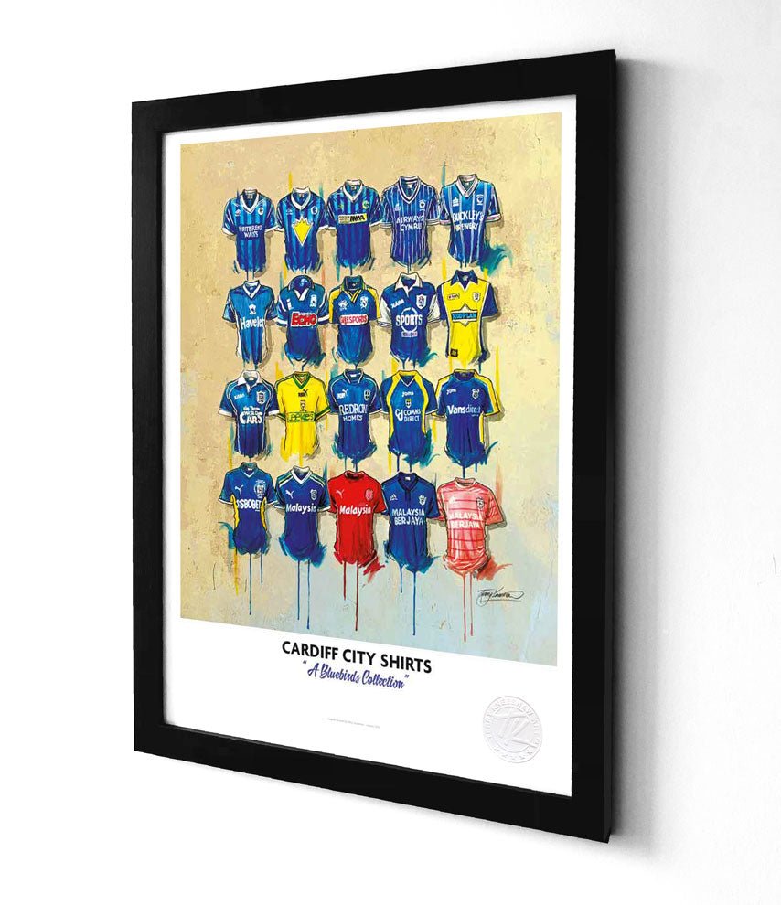 Limited edition Cardiff City A3 framed print featuring iconic Bluebirds shirts, created by Terry Kneeshaw Art.
