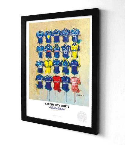 Limited edition Cardiff City A3 framed print featuring iconic Bluebirds shirts, created by Terry Kneeshaw Art.