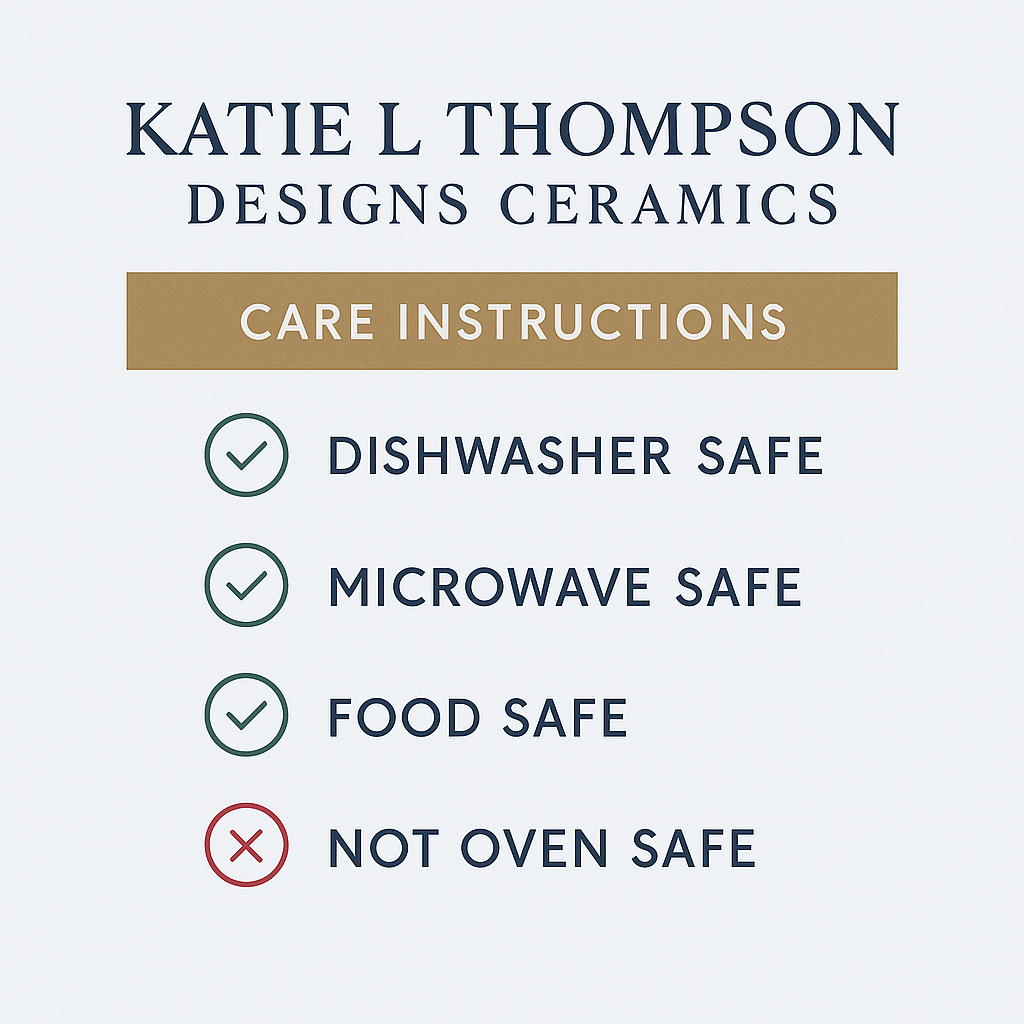 Seafoam blue ceramic spoon rest with classic design, featuring the Katie L Thompson Designs logo and care instructions.