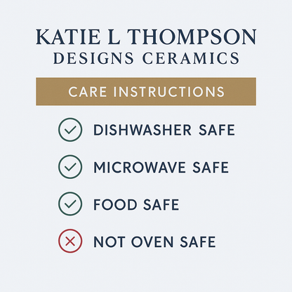Seafoam blue ceramic spoon rest with classic design, featuring the Katie L Thompson Designs logo and care instructions.