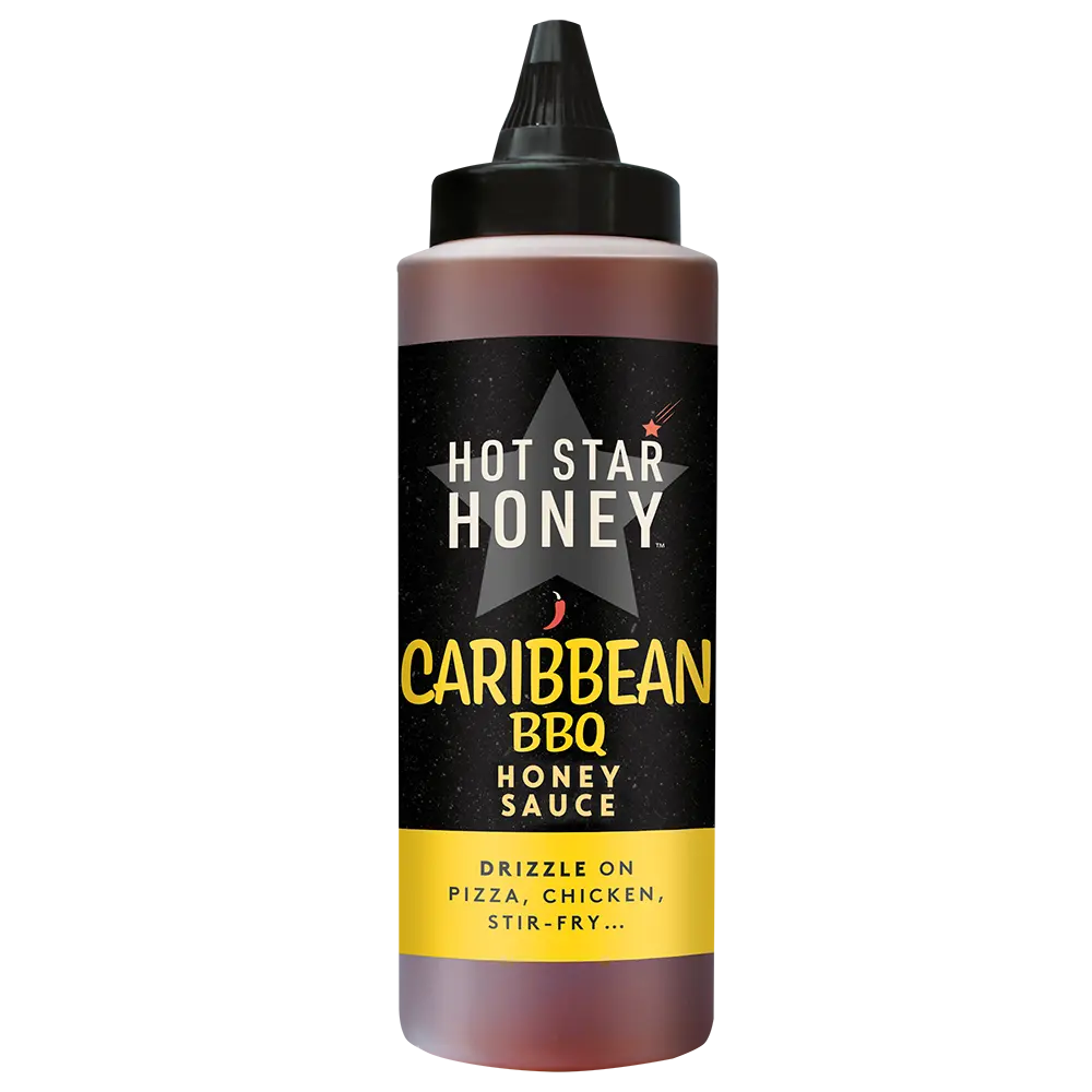 Hot Star Honey Caribbean BBQ Sauce bottle with label, showcasing rich honey and barbecue flavor for grilling.