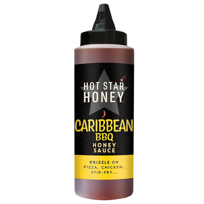 Hot Star Honey Caribbean BBQ Sauce bottle with label, showcasing rich honey and barbecue flavor for grilling.