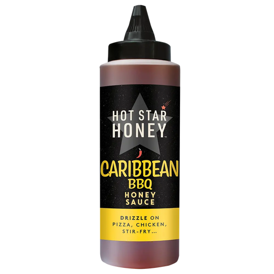 Hot Star Honey Caribbean BBQ Sauce bottle with label, showcasing rich honey and barbecue flavor for grilling.