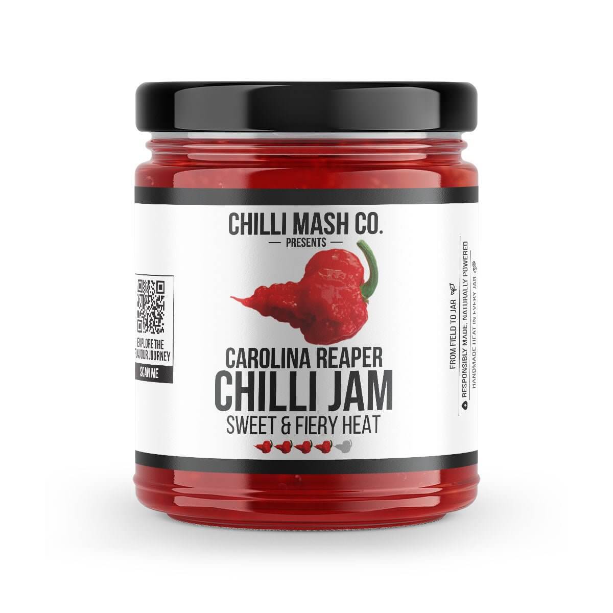 Spicy Carolina Reaper Chilli Jam from Chilli Mash Co. in a 190g jar, showcasing the fiery red chili mash and sweet, fiery heat.