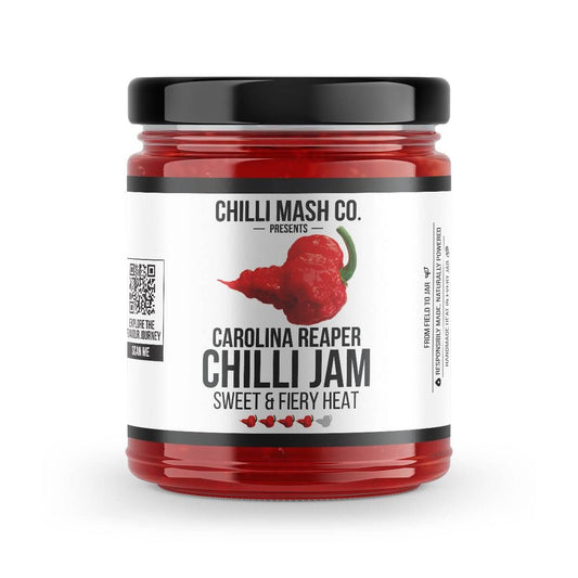 Spicy Carolina Reaper Chilli Jam from Chilli Mash Co. in a 190g jar, showcasing the fiery red chili mash and sweet, fiery heat.