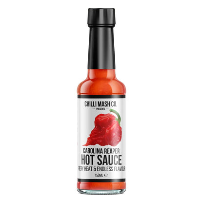 Carolina Reaper hot sauce by Chilli Mash Co. in a 150ml bottle, showcasing fiery red chili sauce with a bold label.