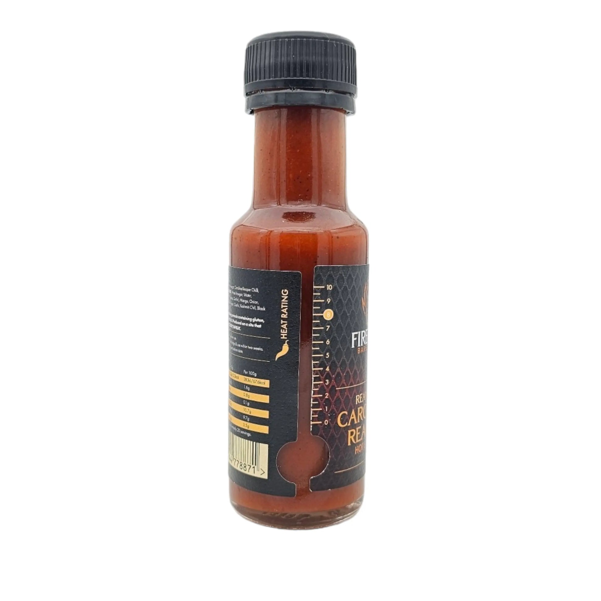 FireFly Barbecue Carolina Reaper hot sauce bottle with red and orange chili peppers on the label, showcasing fiery flavor.
