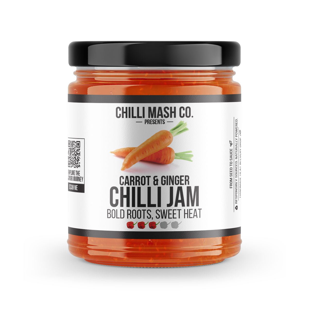 Jar of Carrot & Ginger Chilli Jam by Chilli Mash Co., Persian-inspired chilli jam with visible carrot and ginger chunks.