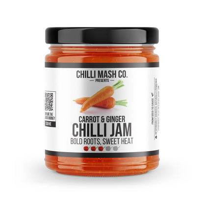 Jar of Carrot & Ginger Chilli Jam by Chilli Mash Co., Persian-inspired chilli jam with visible carrot and ginger chunks.